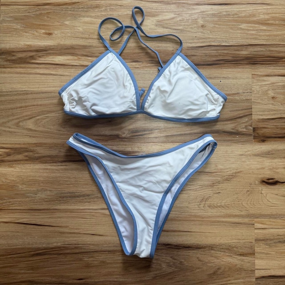 SHEIN White Bikini with Blue Trim